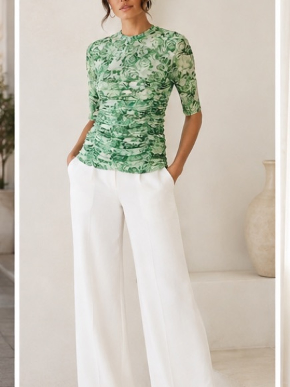 Ganni Green Floral Mesh Ruched Blouse $215. Half Sleeve Denmark 36 / 4